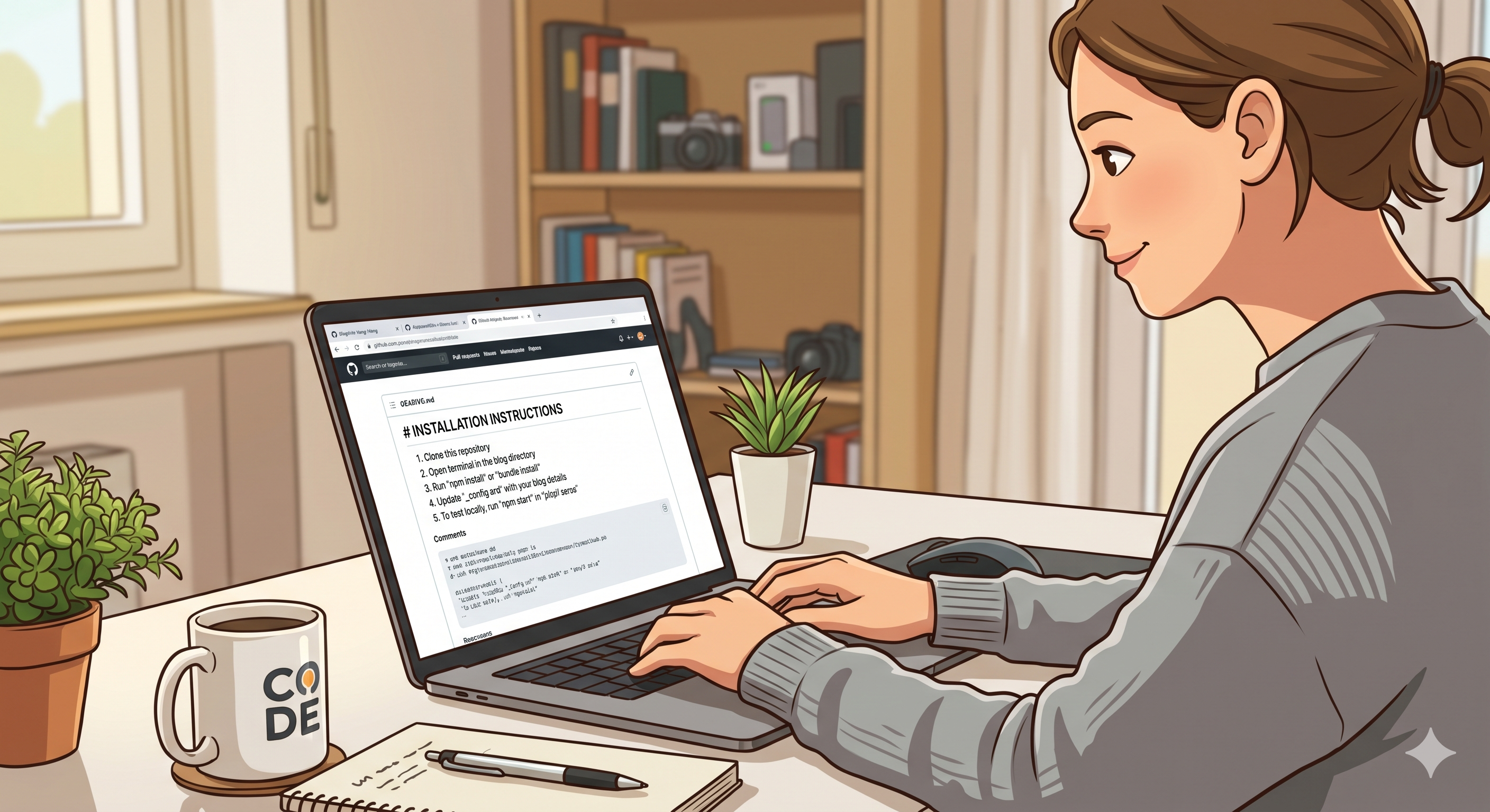 A woman writing a blog post about how to create a blog
